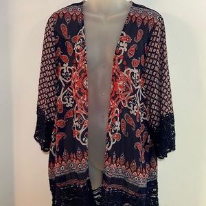 Jolt Boho Paisley Kimono Cardigan Open Front Sheer Duster Navy Red Multi Size M